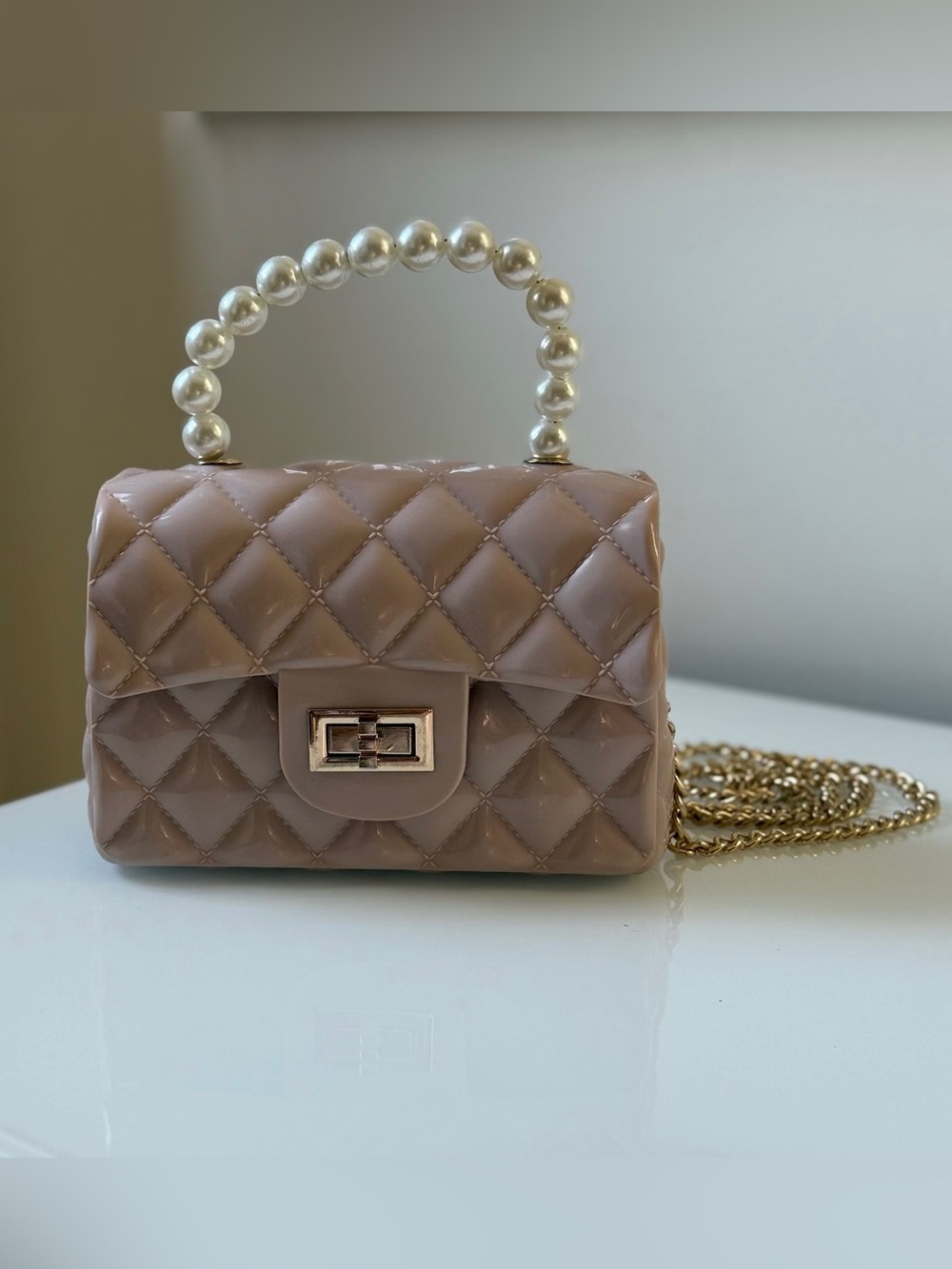 Quilted Pink Jelly Bag with Pearl Handle & Detachable Gold Chain Crossbody Mini